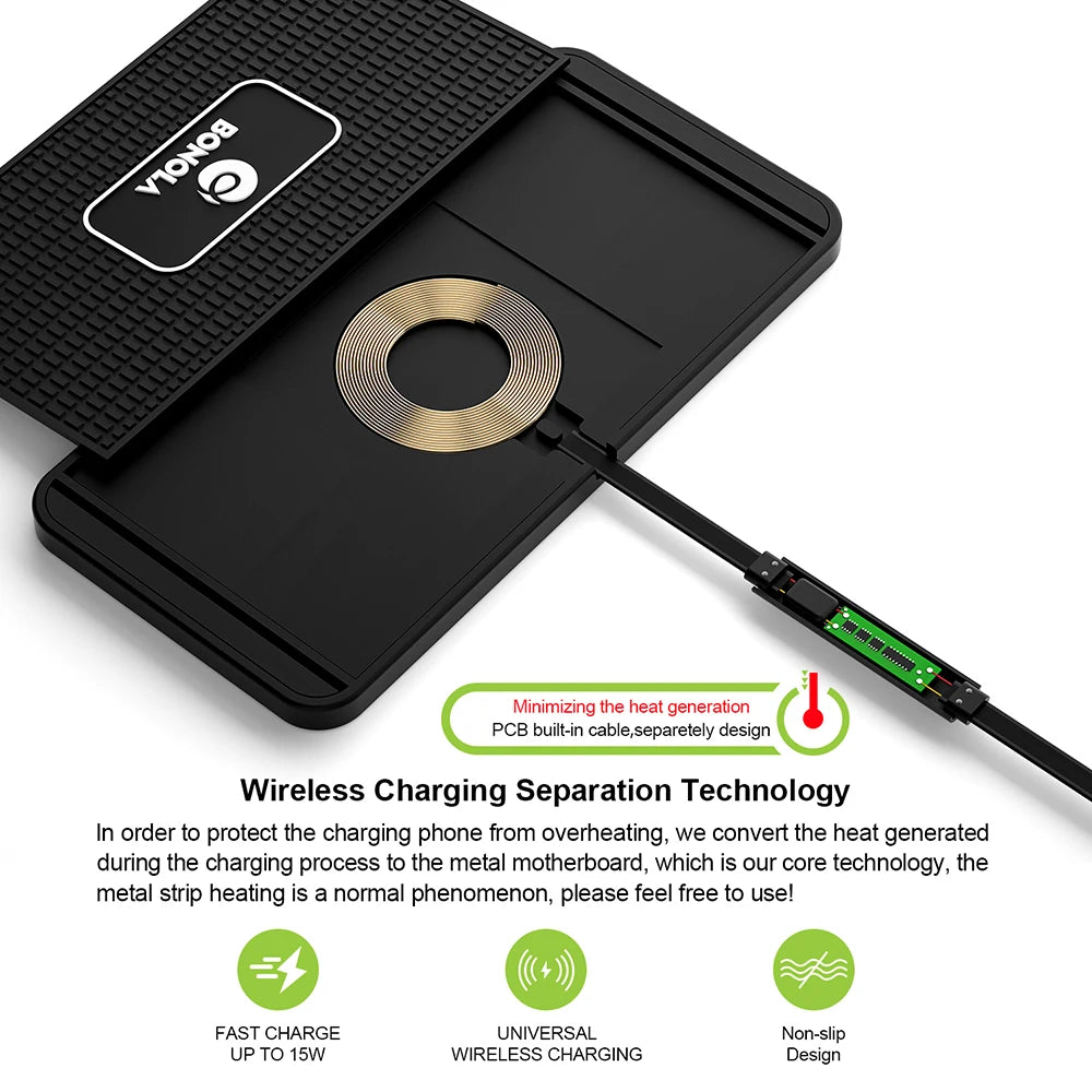 Bonola Car Wireless Charger: Qi Charging Pad for iPhone 12-15, Samsung, Huawei