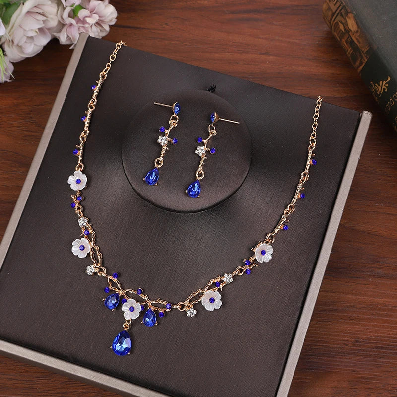 Crystal Flower Rhinestone Choker & Earrings Set - Wedding Tiara Jewelry for Women