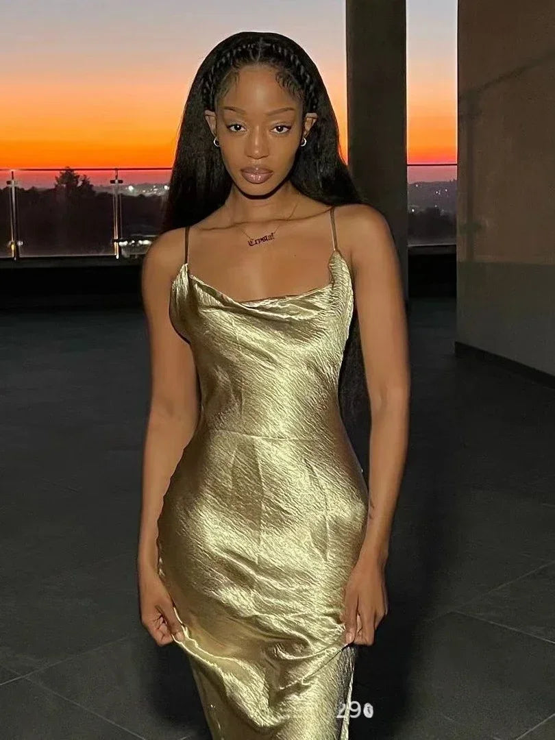 Oligai Elegant Satin Backless Maxi Dress For Women Gown Summer Spaghetti Strap Sleeveless Night Club Party Long Dress Vestido