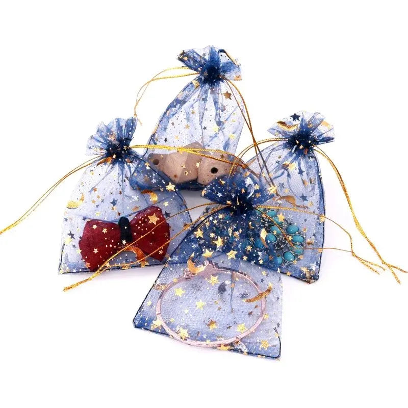 50pcs/lot Star Moon Organza Jewelry Bags Tulle Sheer Sachets Drawstring Gift Bag Wedding Party Favor Pouches Jewelry Organizer