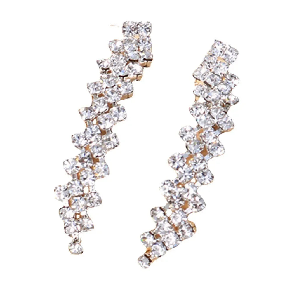 Wedding Lozenge Step Style Rhinestone Necklace Earrings Set For Women Jewelry Silver Plated Choker Tassel Earrings Bridal Gifts