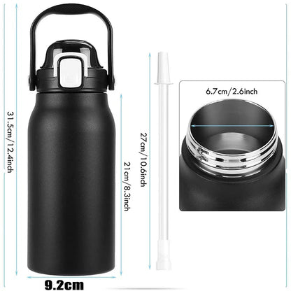 2L Stainless Steel Thermo Bottle with Straw - Hot & Cold Vacuum Flask for Gym