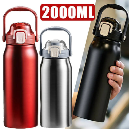 2L Stainless Steel Thermo Bottle with Straw - Hot & Cold Vacuum Flask for Gym