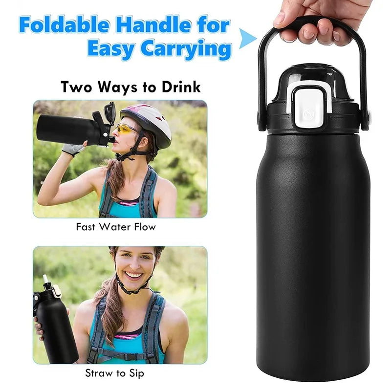 2L Stainless Steel Thermo Bottle with Straw - Hot & Cold Vacuum Flask for Gym