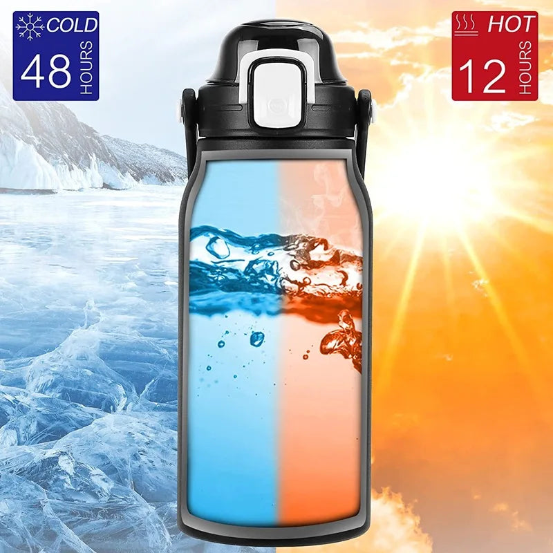 2L Stainless Steel Thermo Bottle with Straw - Hot & Cold Vacuum Flask for Gym