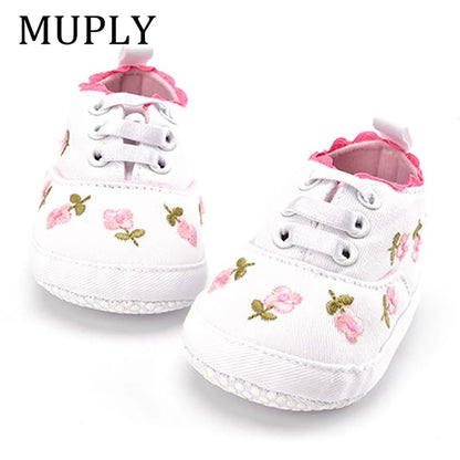 White Lace Floral Baby Girl Shoes - Soft Prewalker Toddler First Walkers