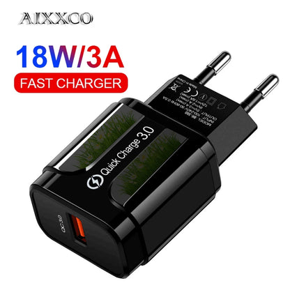 AIXXCO 5V 2A EU Plug QC 3.0 Fast Charger with LED & Dual USB