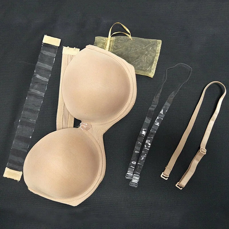 YANDW New Sexy Lingerie Push Up Bra Big Breast 1/2 Cup Plus Size Women Silicone Strapless Wed A B C D E F 70 75 80 85 90 95