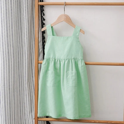 Summer Casual Girls’ Cotton & Linen Suspender Dress | Adjustable Straps & Pockets