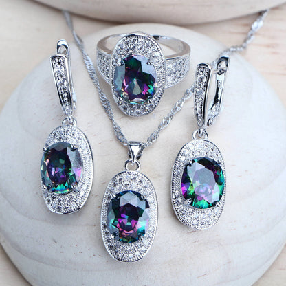 Silver 925 Women Bridal Jewelry Sets Rainbow Cubic Zirconia Costume Jewellery Wedding Earrings Rings Bracelets Pendant Necklace