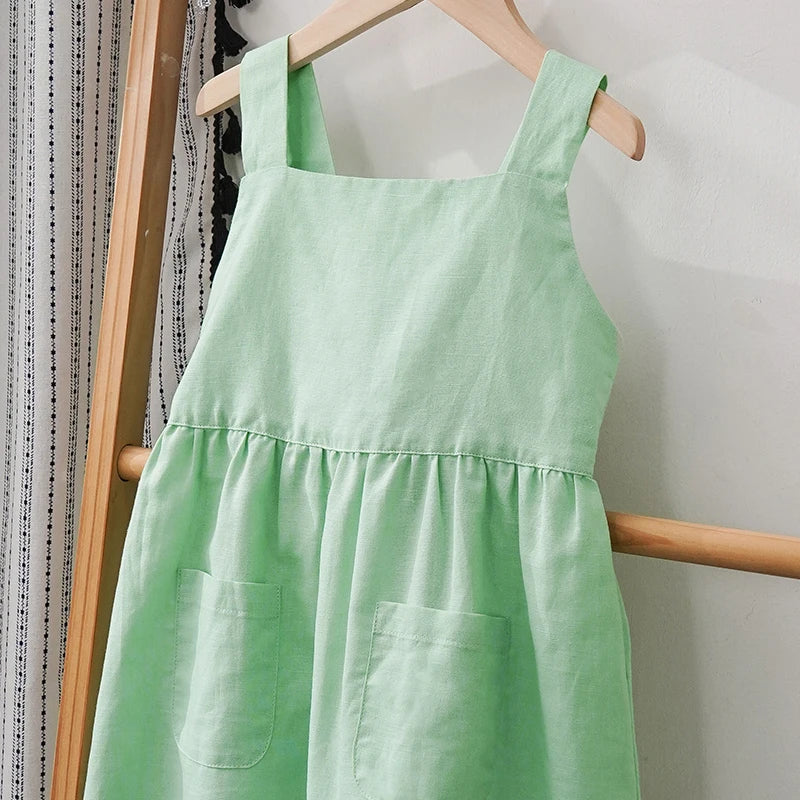 Summer Casual Girls’ Cotton & Linen Suspender Dress | Adjustable Straps & Pockets