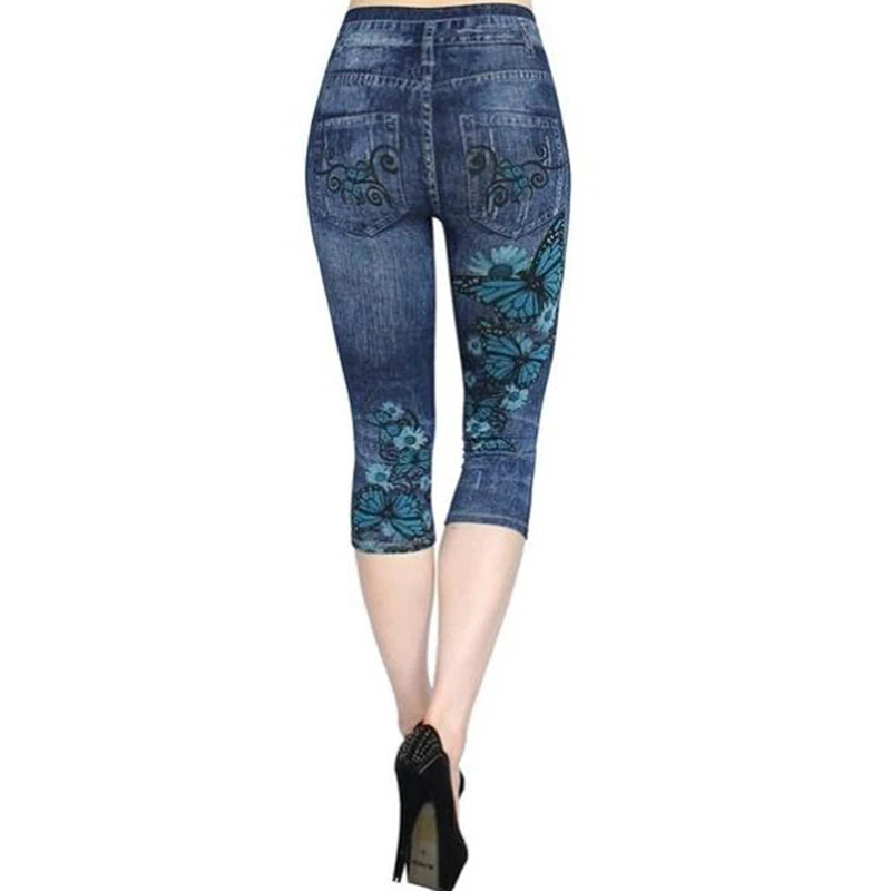 New Fake Jeans Leggings Women Stretch Printed Short Legging Plus Size Calf-Length Pants Summer Breeches High Waist Jeggings