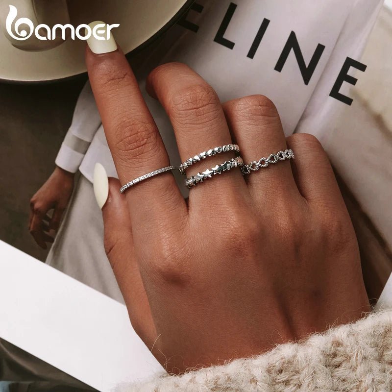 BAMOER 925 Sterling Silver Heart Ring - Stackable Korean Jewelry Gift