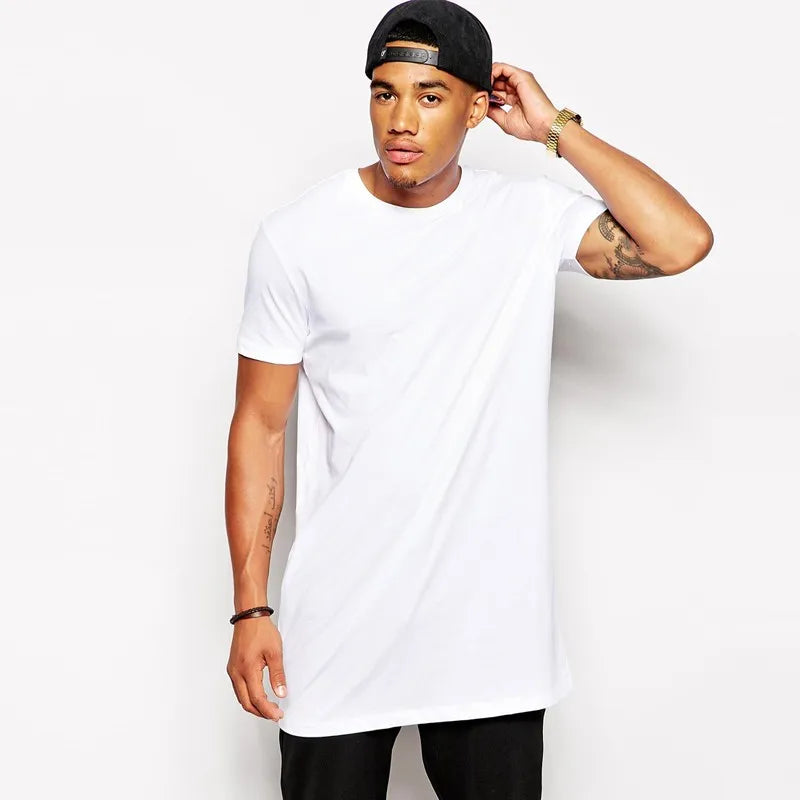 2024 Men’s Extra Long White Cotton Hip Hop T-Shirt