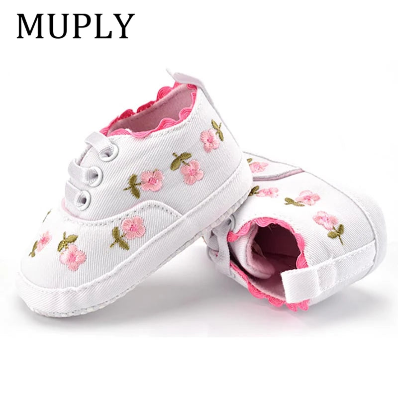 White Lace Floral Baby Girl Shoes - Soft Prewalker Toddler First Walkers