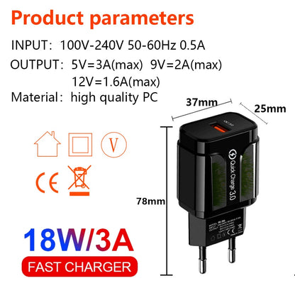 AIXXCO 5V 2A EU Plug QC 3.0 Fast Charger with LED & Dual USB