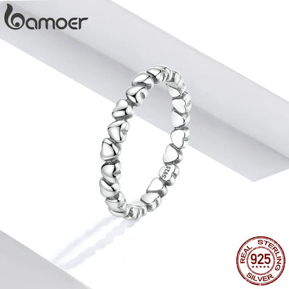 BAMOER 925 Sterling Silver Heart Ring - Stackable Korean Jewelry Gift