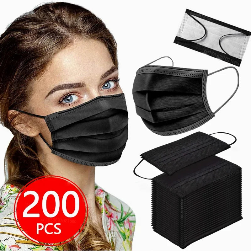 10-200PCS 3 Ply Black Disposable Face Masks - Adult Surgical Masks with Ear Loops | Comfortable & Breathable Protection | tonyfinger store