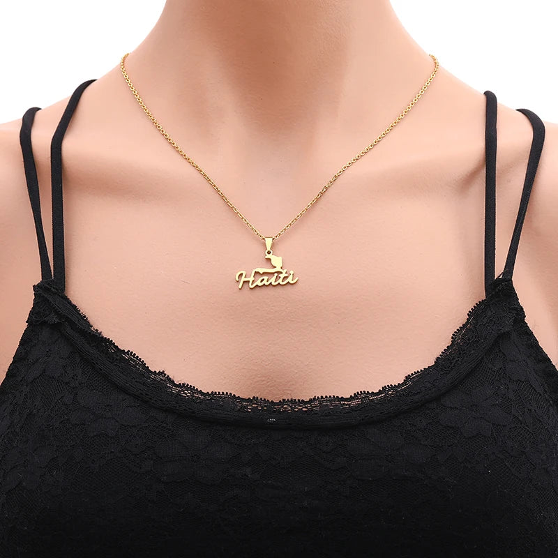 Gold Haiti Map Pendant Necklace - Stainless Steel Jewelry for Men & Women