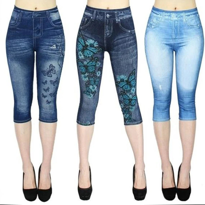 New Fake Jeans Leggings Women Stretch Printed Short Legging Plus Size Calf-Length Pants Summer Breeches High Waist Jeggings