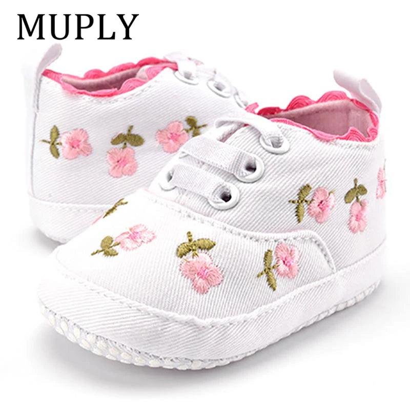 White Lace Floral Baby Girl Shoes - Soft Prewalker Toddler First Walkers