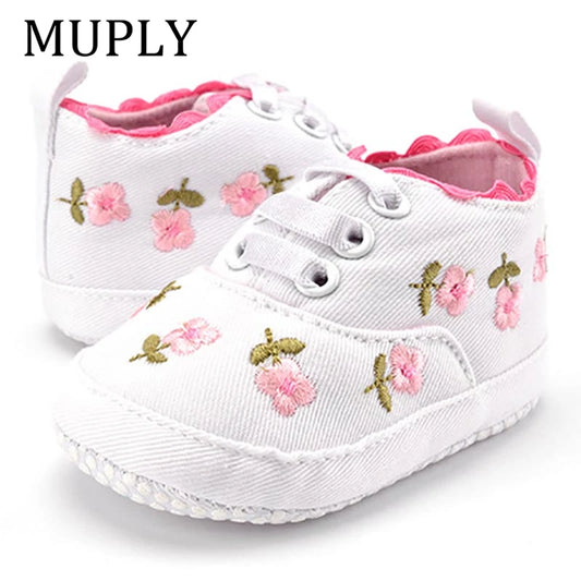 White Lace Floral Baby Girl Shoes - Soft Prewalker Toddler First Walkers