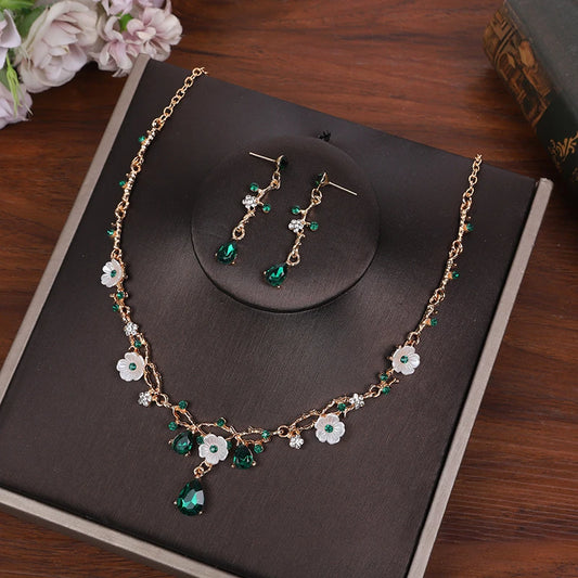 Crystal Flower Rhinestone Choker & Earrings Set - Wedding Tiara Jewelry for Women