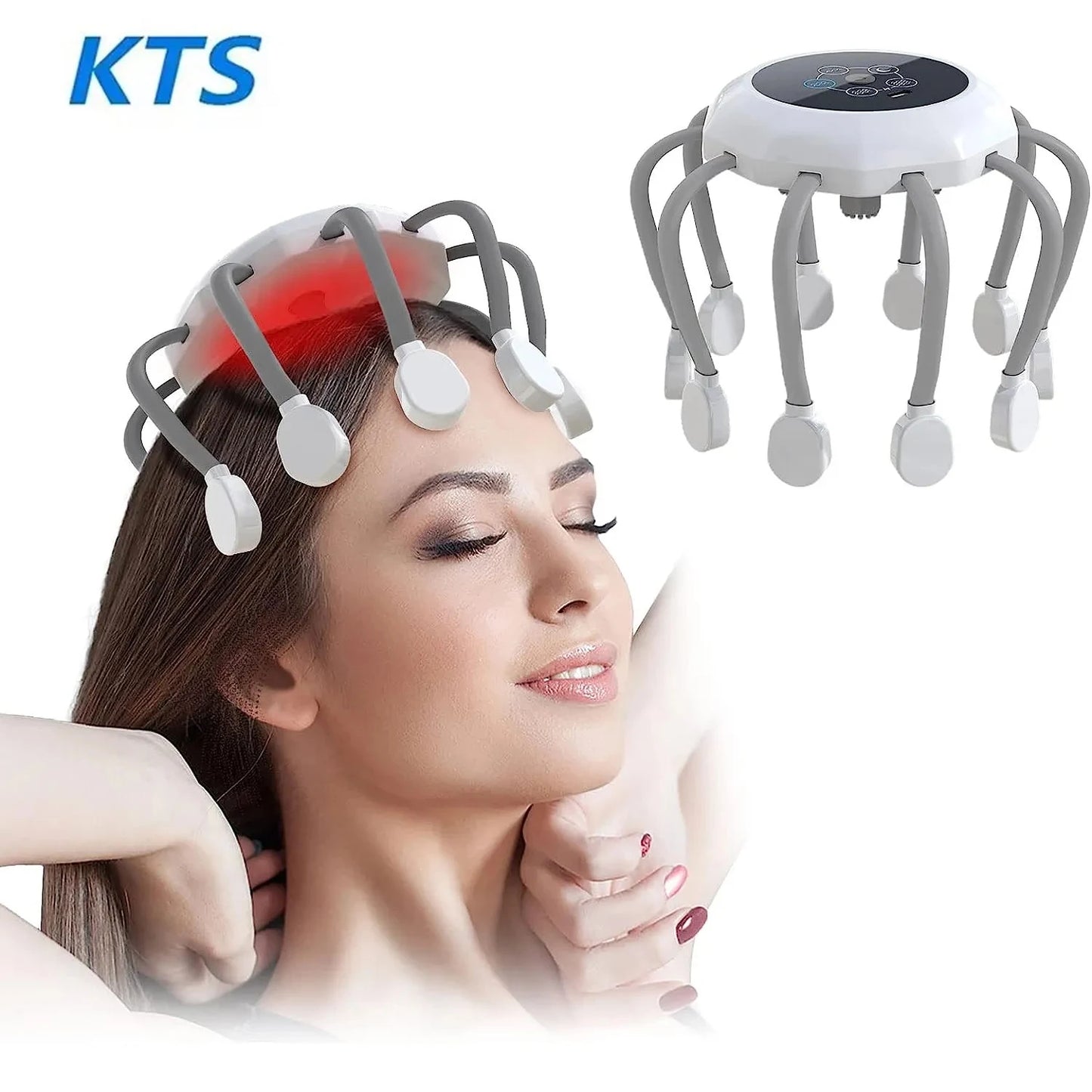 KTS Electric Head Massager Octopus Scalp Massage Music 5 Modes 14 Vibrating Contacts Red Light Device For Relax Stress Relief