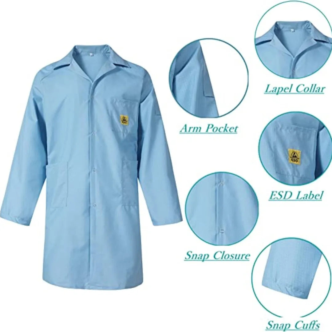 ESD Lab Coat with Lapel Collar, 3 Pockets & Snap Cuffs, Knee Length Anti-Static Jacket