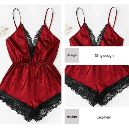 Summer V-Neck Sexy Lace Patchwork Integrated Suspender and Backless Pajamas Women's Sexy Suspender Pajamas