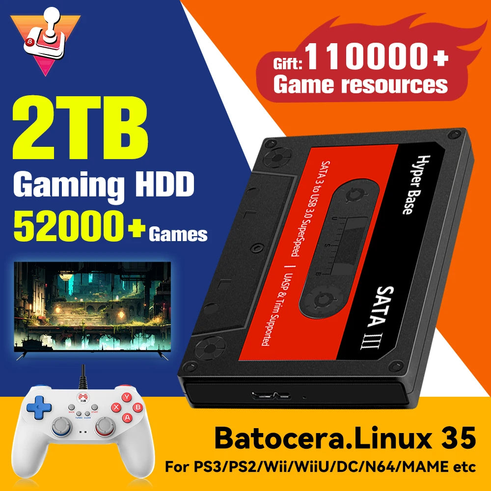 Batocera.Linux 35 2TB Gaming HDD Portable Game Hard Drive with 52000+ Games for PS3/PS2/Wii/WiiU/N64/MAME/SS for PC/Laptop/Mac