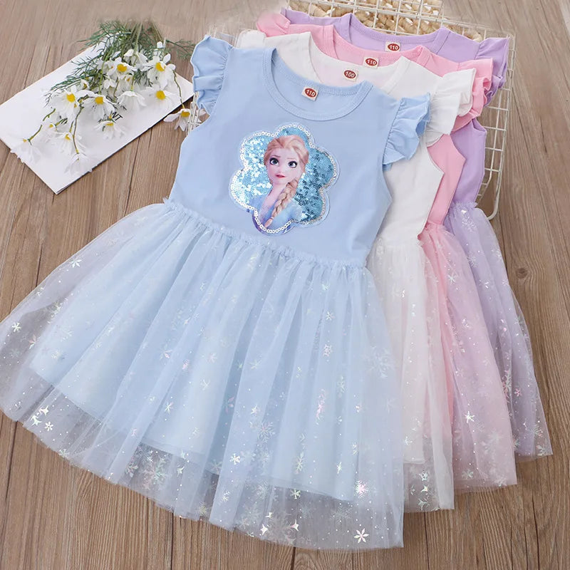 2024 Summer Princess Dresses for Girls | Frozen Elsa Party Dress | Flying Sleeve Kids Clothing