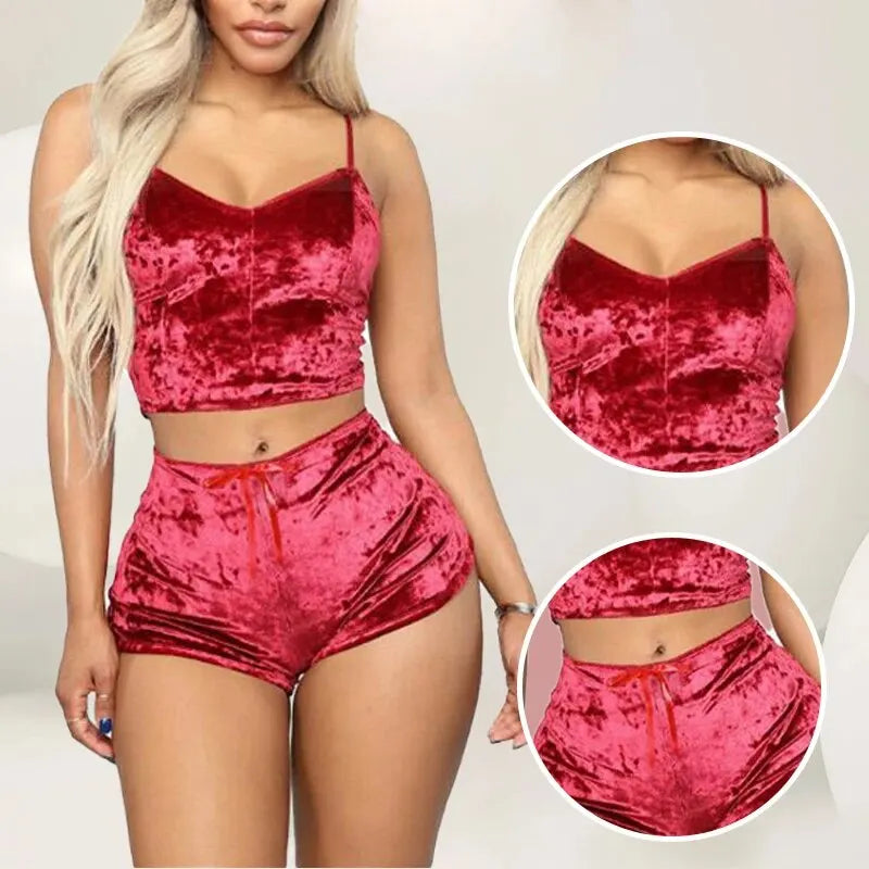 Women Sexy Strappy Pajama Set Women's Velvet Polyester Comfortable V-neck Underwear Home Clothes 2 Piece Sleeveless