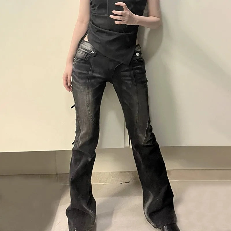 Karrram Black Distressed Low Waist Flare Jeans - Kpop Grunge Fashion