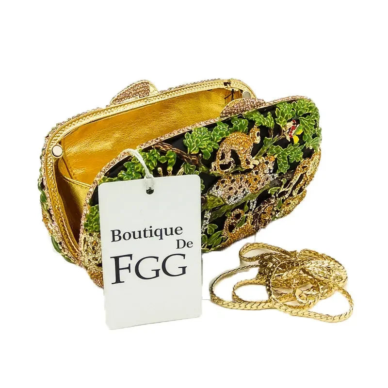 Boutique De FGG (in stock) Forest Jungle Women Crystal Animal Evening Bags Party Rhinestone Handbag Bridal Wedding Clutch Bag