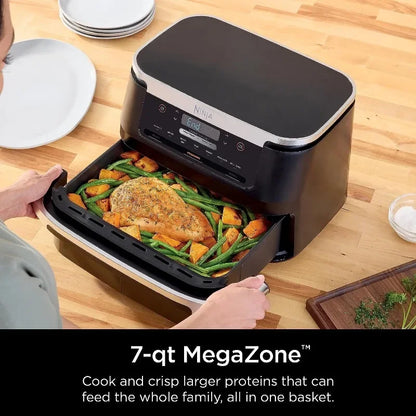Ninja DZ071 Foodi 6-in-1 DualZone FlexBasket Air Fryer with 7-QT MegaZone & Basket Divider, Large Proteins & Full Meals