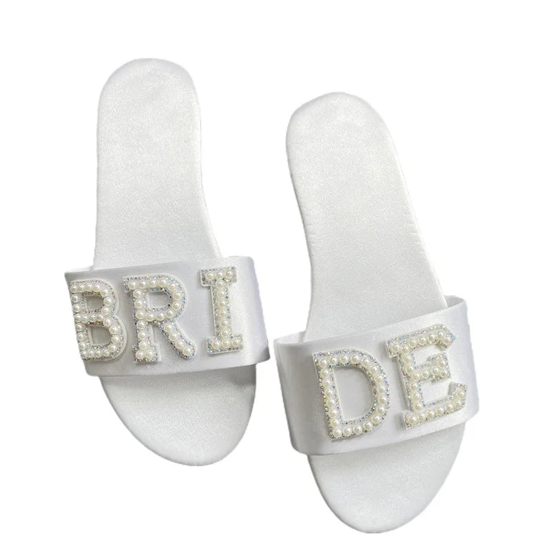 Summer Bride Satin Pearl Slippers Wedding  Comfortable Anti Slip Bride Slippers Bride Wedding Party Accessory Ladies Shoes