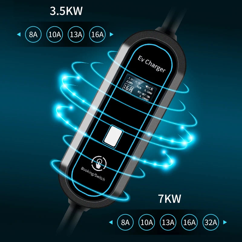 Acodo EV Portable Charger 7KW Type 2 Type 1 GBT 5M Length 4 Currents modes WallBox With Display Booking Time Car Fast Charge