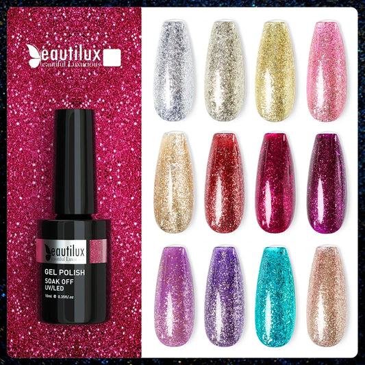 Beautilux Platinum Nail Gel Polish Glitter Flakes Color Nails Art Gels Polish Soak Off UV LED Winter Nail Varnish Lacquer 10ml