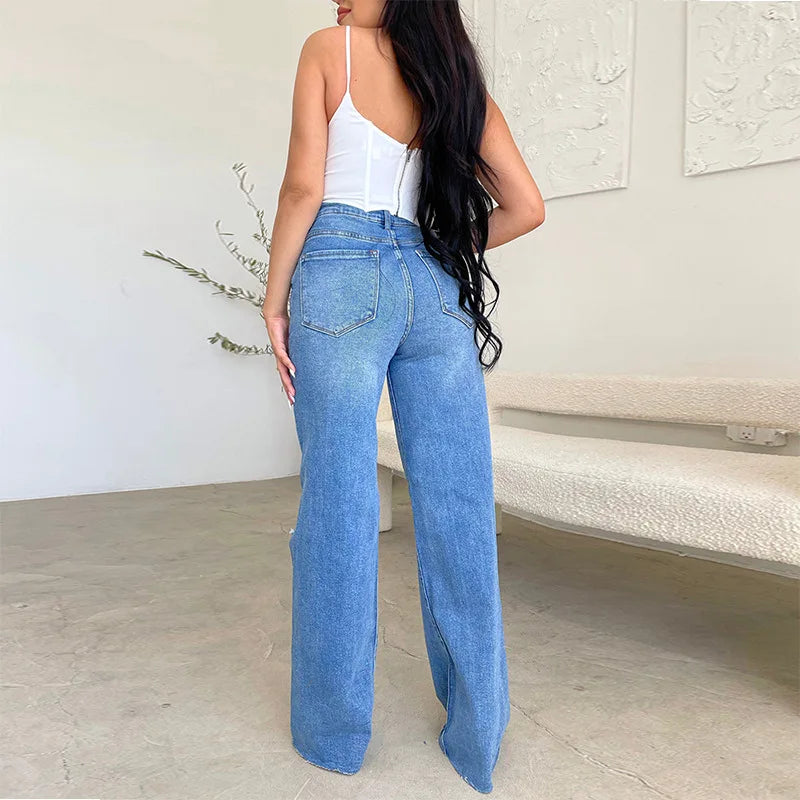 2023 Fall Women’s High Waist Ripped Wide Leg Jeans: Casual Loose Denim Trousers S-2XL