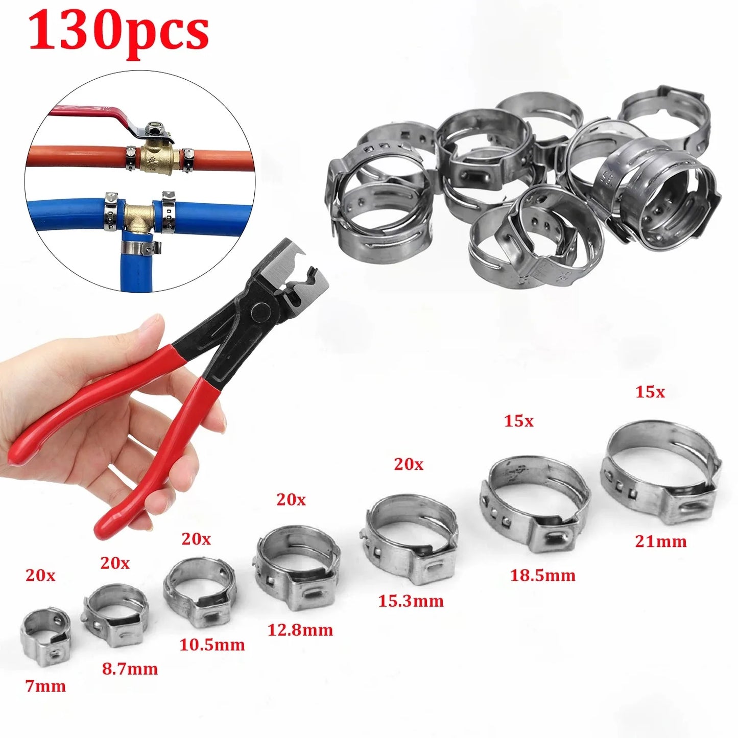 130/80pcs Stepless Single Ear Hose Clamps with Pliers - 7-21mm Stainless Steel Fuel Clamps