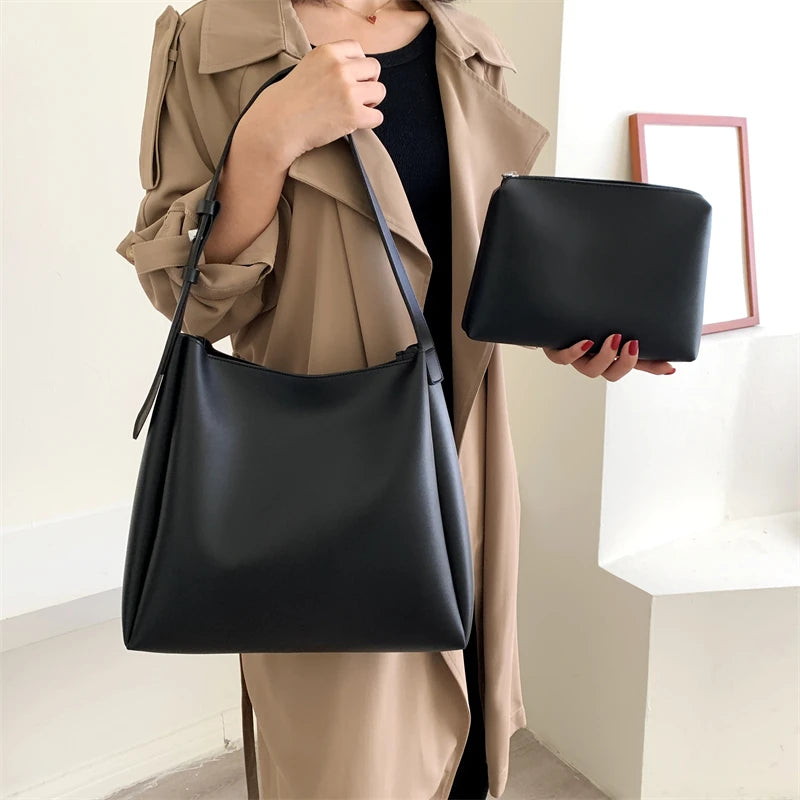 Quality Women Tote Bags 2 Pcs/Set Large Capacity Shopper Shoulder Bag Pure Color Wide Strap Soft PU Leather Female Handbags 2022