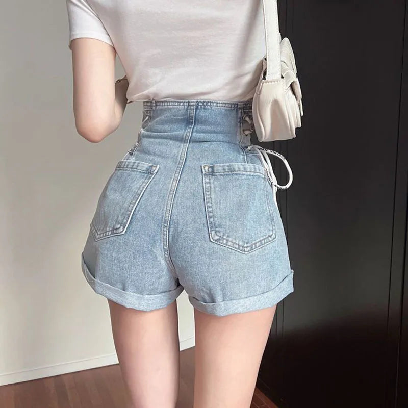 2024 Women’s Light Blue High Waist Denim Shorts - Baggy, Lace-Up, Wide Leg