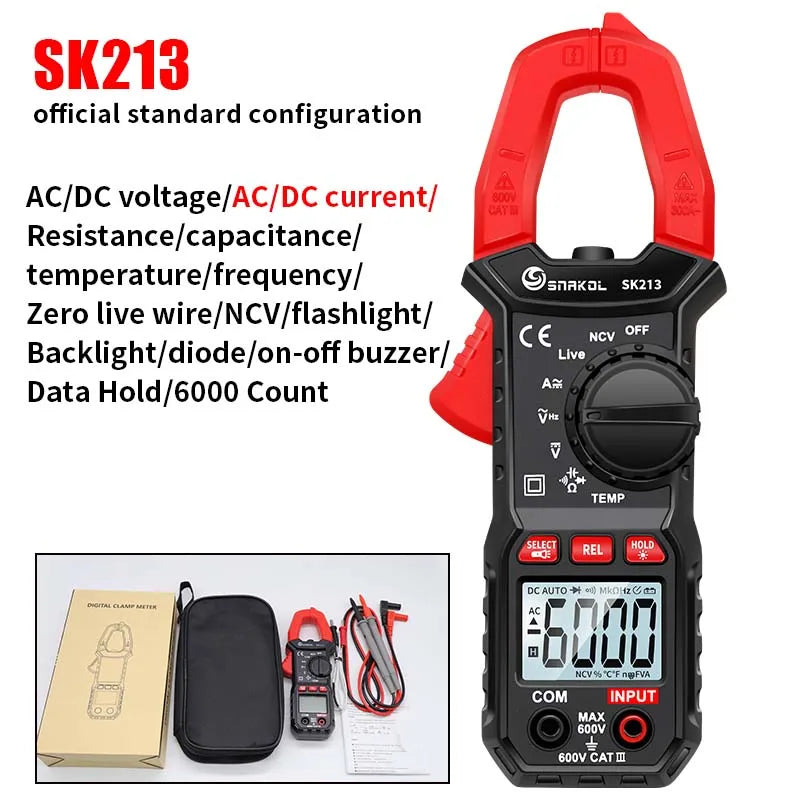 SK213 Digital Clamp Meter 600A AC DC Current True RMS Auto Ran Pliers Ammeter Voltage Voltmeter Professional Electrical Tester