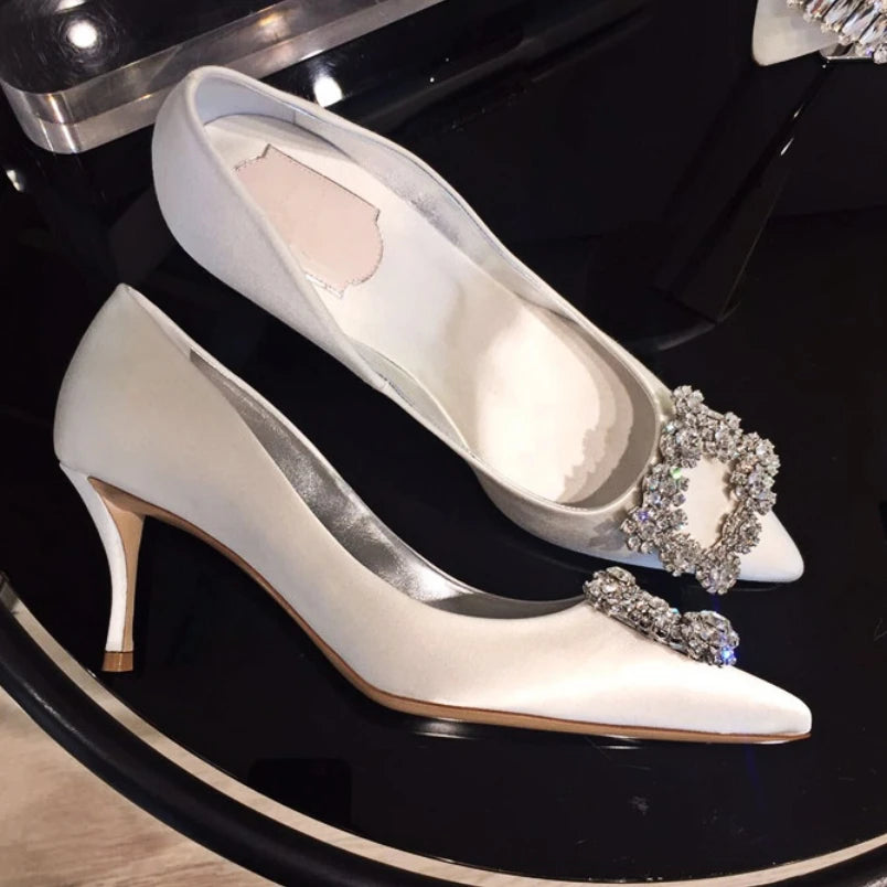 Luxury Rhinestone Pointed Toe Stiletto Heel Women Satin Designer Dress Shoes Ladies Elegant Crystal Wedding Bridal Shoes Pumps