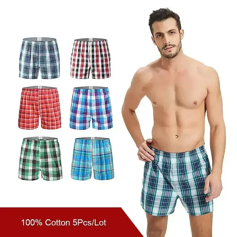 5-Pack Men’s Cotton Boxer Shorts - Plaid, Striped, Comfortable Homewear