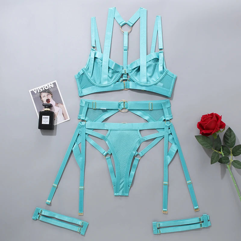 Ellolace 4-Piece Sexy Lingerie Set with Garter Belt & Halter Bra