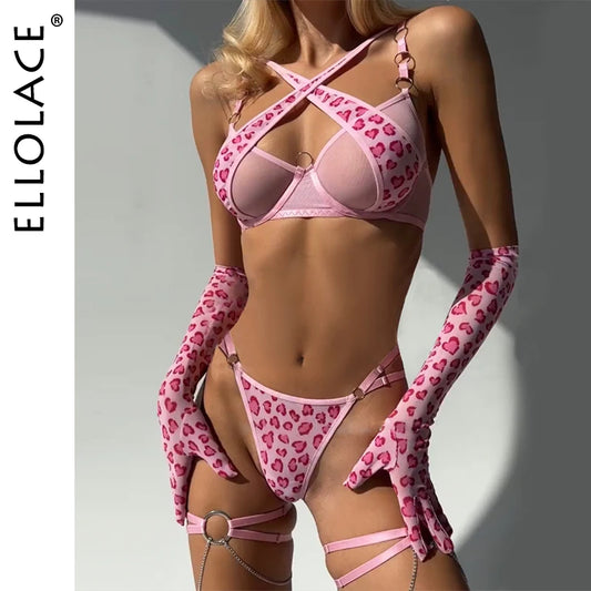 Ellolace Leopard Lingerie Set - Push Up Cross Bra, See-Through Lace, Heart Gloves