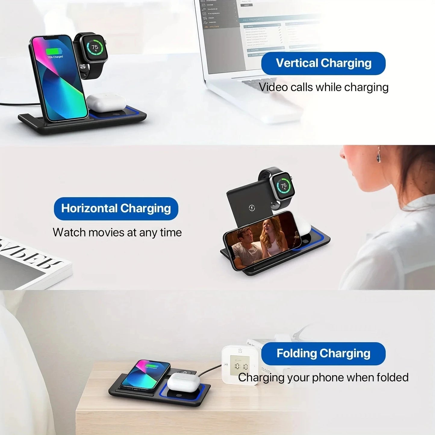 3 in 1 LED Fast Wireless Charger Stand Foldable Charging Station For iPhone 15 14 13 12 11 Apple Watch 9 8 7 6 5 Airpods Pro