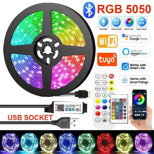 RGB 5050 LED Strip Lights 5V USB WiFi App Control for Alexa - 1-30M Color-Changing Tape for Christmas & Bedroom Decor